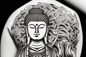 One eye closed buddha coming out of lotus cameo tattoo idea