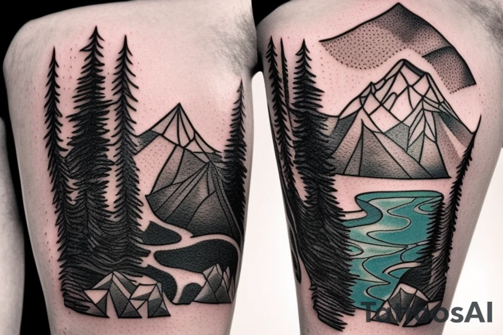 A floating island with a a waterfall off the cliff, mountains on the island, and a forest with a cabin in the middle tattoo idea