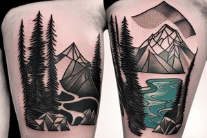 A floating island with a a waterfall off the cliff, mountains on the island, and a forest with a cabin in the middle tattoo idea