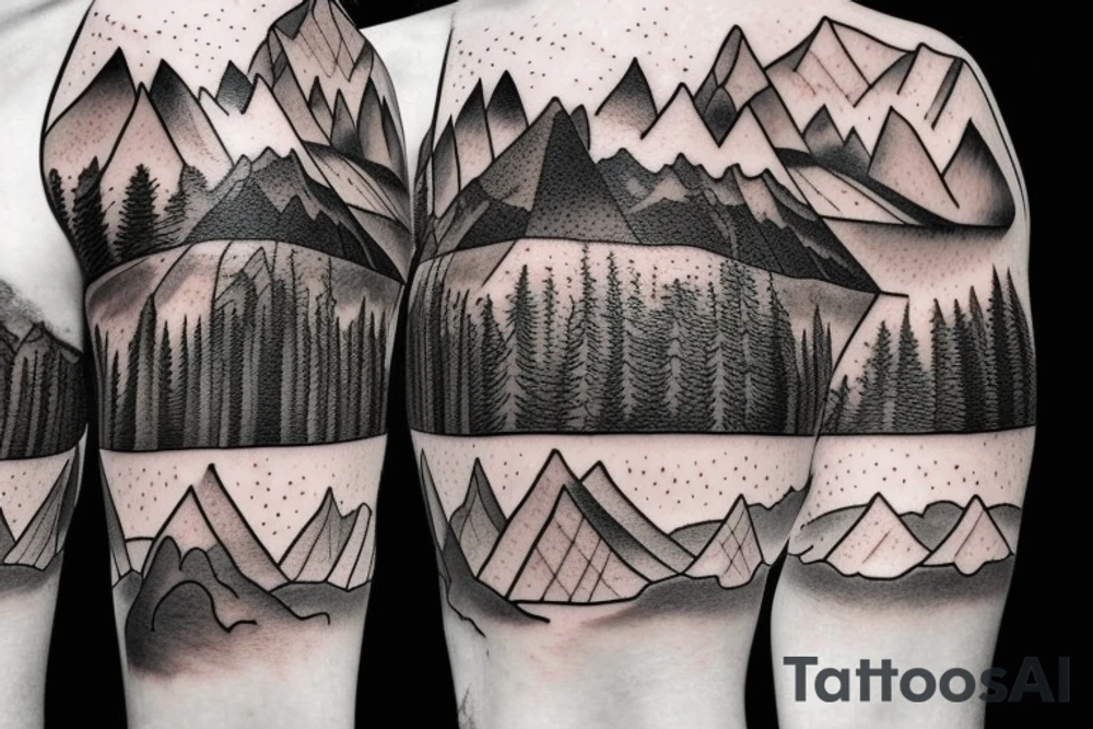 A floating island with a a waterfall off the cliff, mountains on the island, and a forest with a cabin in the middle tattoo idea