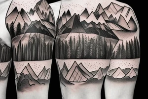 A floating island with a a waterfall off the cliff, mountains on the island, and a forest with a cabin in the middle tattoo idea