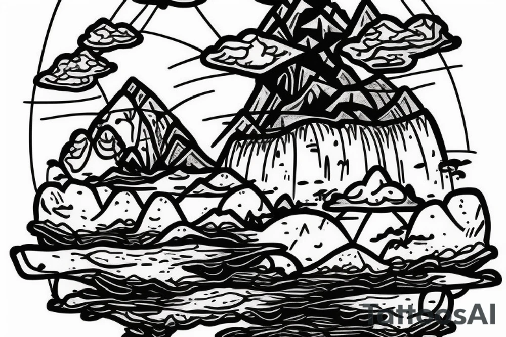 A floating island with a a waterfall off the front cliff and rocks falling from the floating island tattoo idea