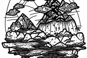 A floating island with a a waterfall off the front cliff and rocks falling from the floating island tattoo idea