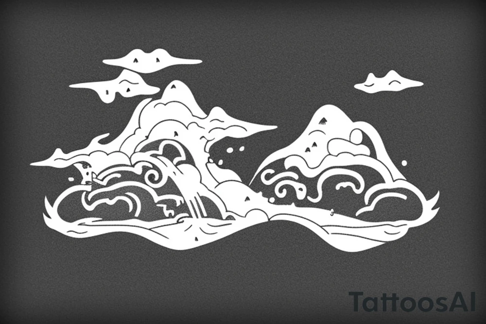 A floating island with a a waterfall off the front cliff and rocks falling from the floating island tattoo idea