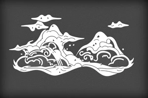 A floating island with a a waterfall off the front cliff and rocks falling from the floating island tattoo idea