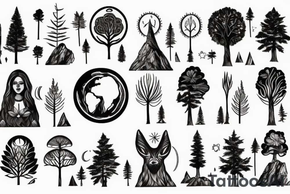 Mother Earth Gaia Goddess with nature plants trees mountain tattoo idea