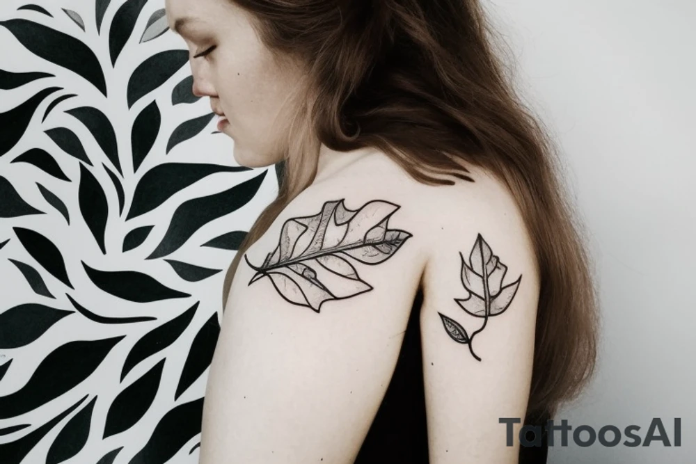 Side profile of a woman with leaf flower crown in arms mountains waves trees nature tattoo idea