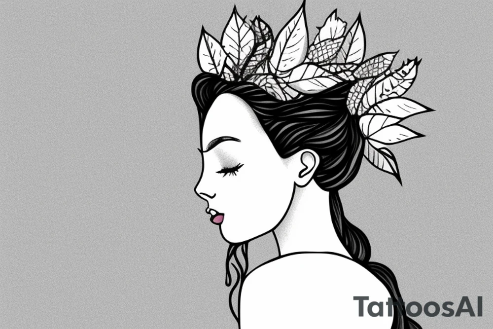 Side profile of a woman with leaf flower crown in arms mountains waves trees nature tattoo idea