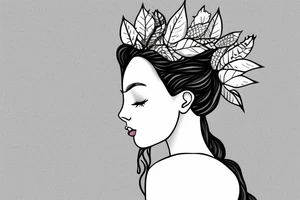 Side profile of a woman with leaf flower crown in arms mountains waves trees nature tattoo idea