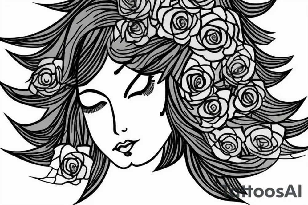 Side profile of a woman with leaf flower crown in arms mountains waves trees nature tattoo idea