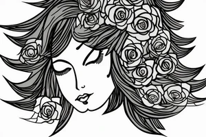 Side profile of a woman with leaf flower crown in arms mountains waves trees nature tattoo idea