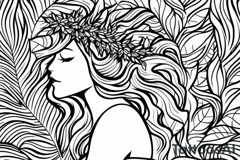 Side profile of a woman with leaf flower crown in arms mountains waves trees nature tattoo idea