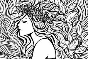 Side profile of a woman with leaf flower crown in arms mountains waves trees nature tattoo idea