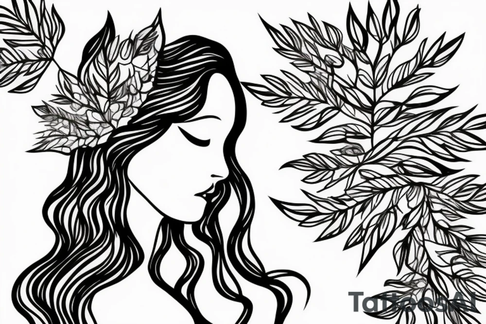 Side profile of a woman with leaf flower crown in arms mountains waves trees nature tattoo idea