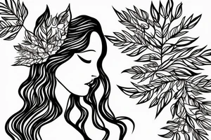 Side profile of a woman with leaf flower crown in arms mountains waves trees nature tattoo idea