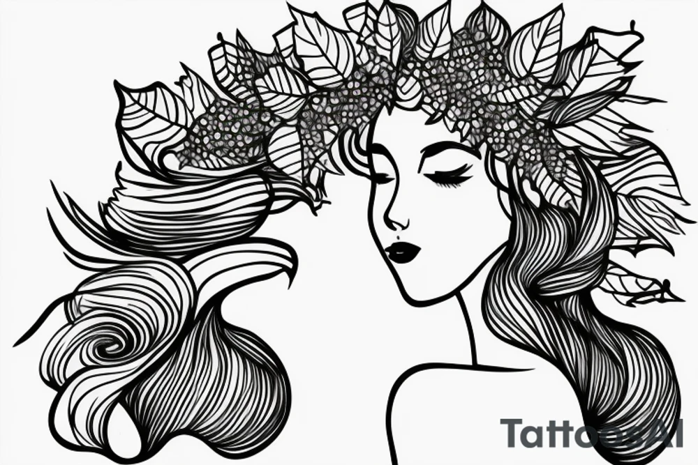 Side profile of a woman with leaf flower crown in arms mountains waves trees nature tattoo idea