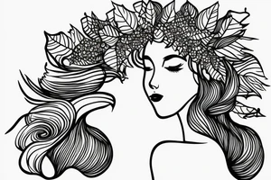 Side profile of a woman with leaf flower crown in arms mountains waves trees nature tattoo idea