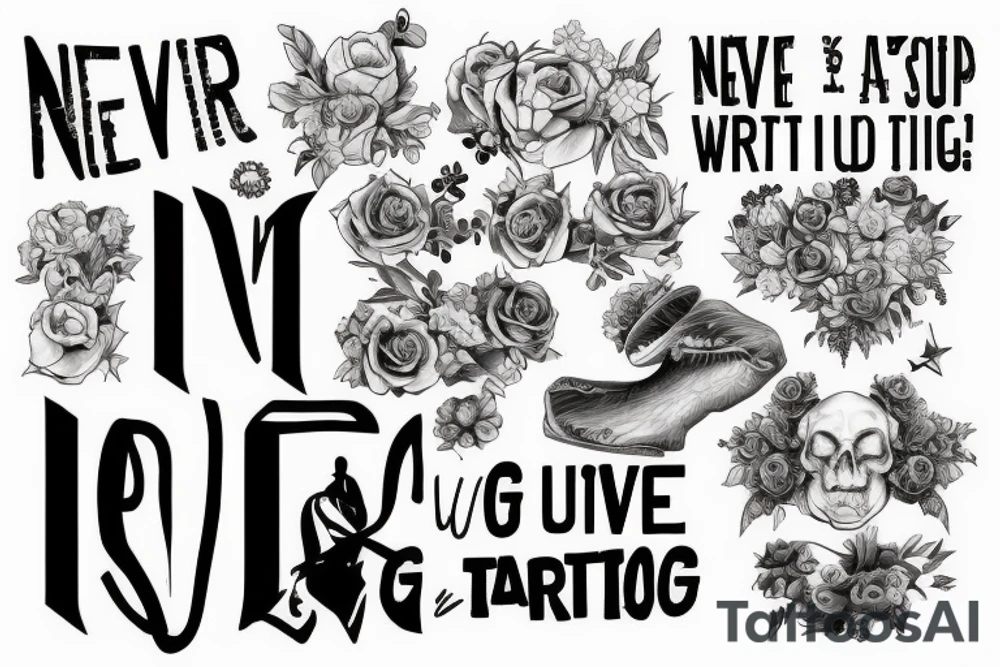 Never give up writing with art around it that represents a struggle tattoo idea