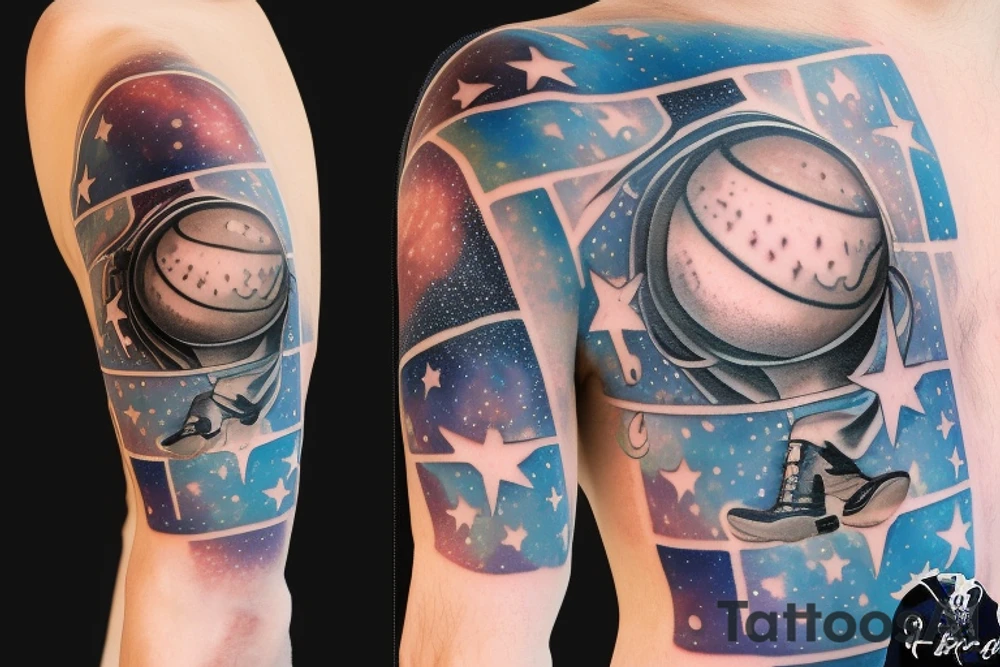 astronaut playing basketball on the moon with a starry sky tattoo idea