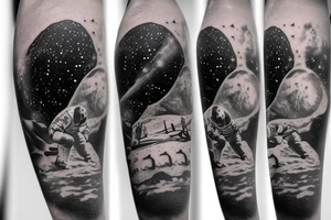 astronaut playing basketball on the moon with a starry sky tattoo idea