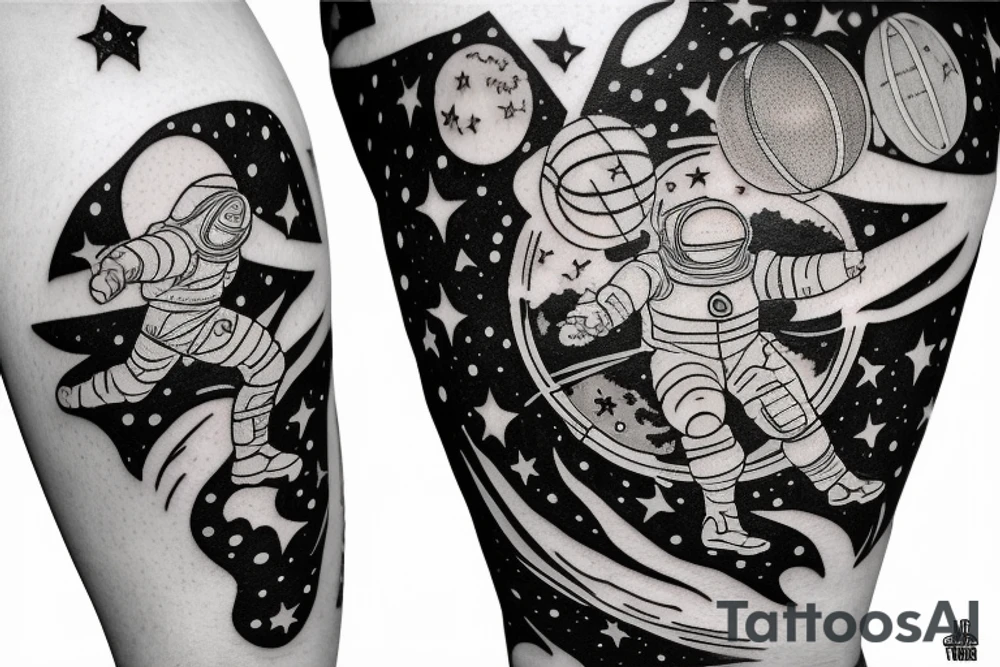 astronaut playing basketball on the moon with a starry sky tattoo idea