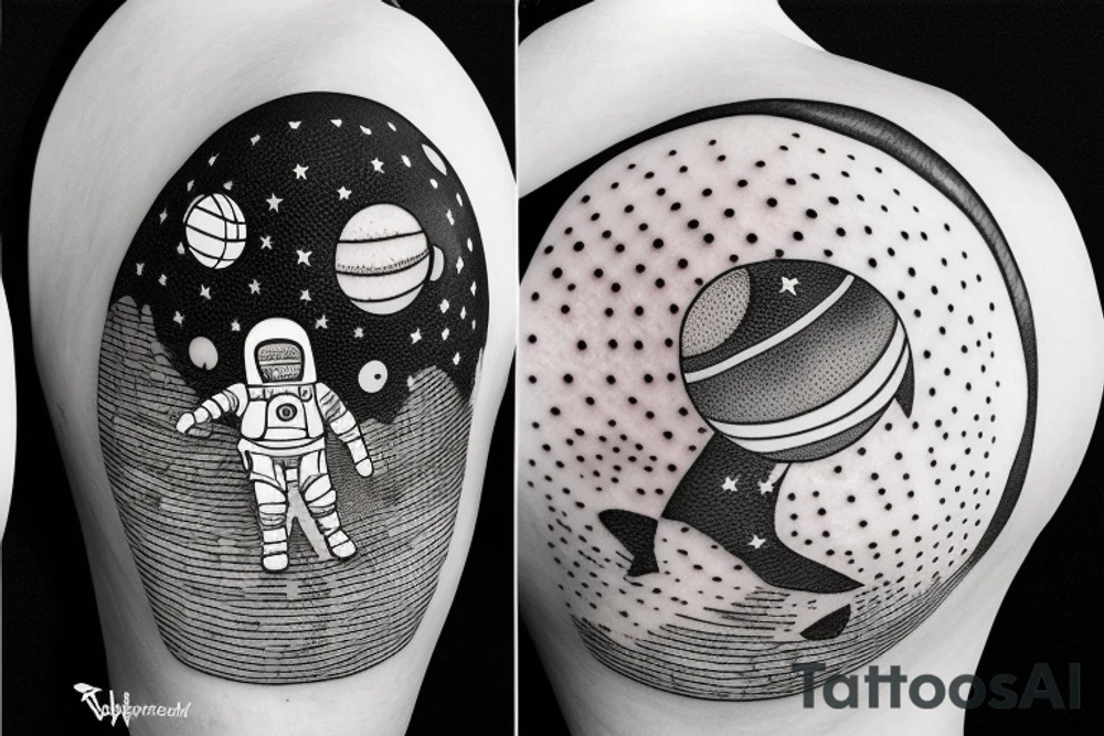 astronaut with a basketball on the moon with a starry sky and a hoop with net tattoo idea