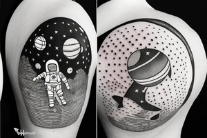 astronaut with a basketball on the moon with a starry sky and a hoop with net tattoo idea