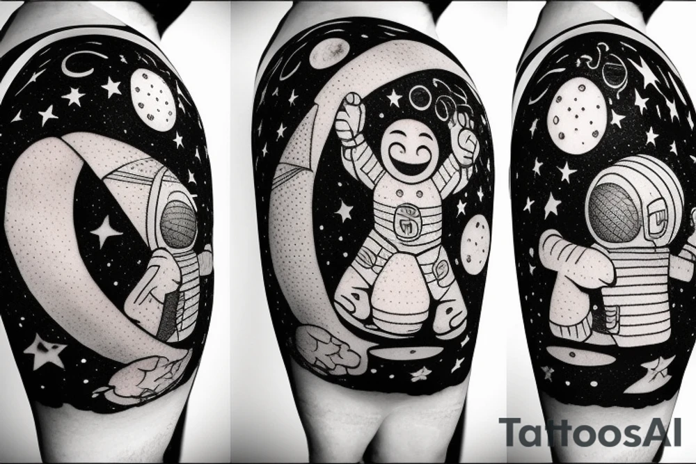 astronaut with a basketball on the moon with a starry sky and a hoop with net tattoo idea