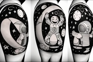 astronaut with a basketball on the moon with a starry sky and a hoop with net tattoo idea
