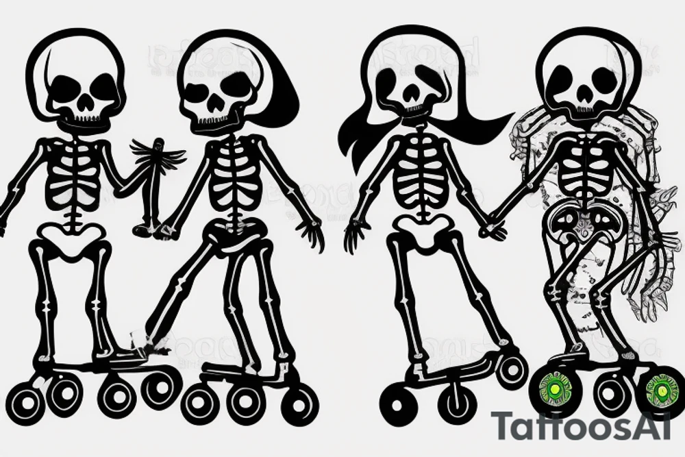 Male Skeleton helps another female skeleton in roller skates tattoo idea