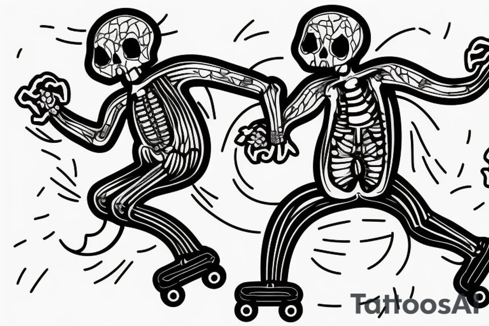 Male Skeleton helps another female skeleton in roller skates tattoo idea
