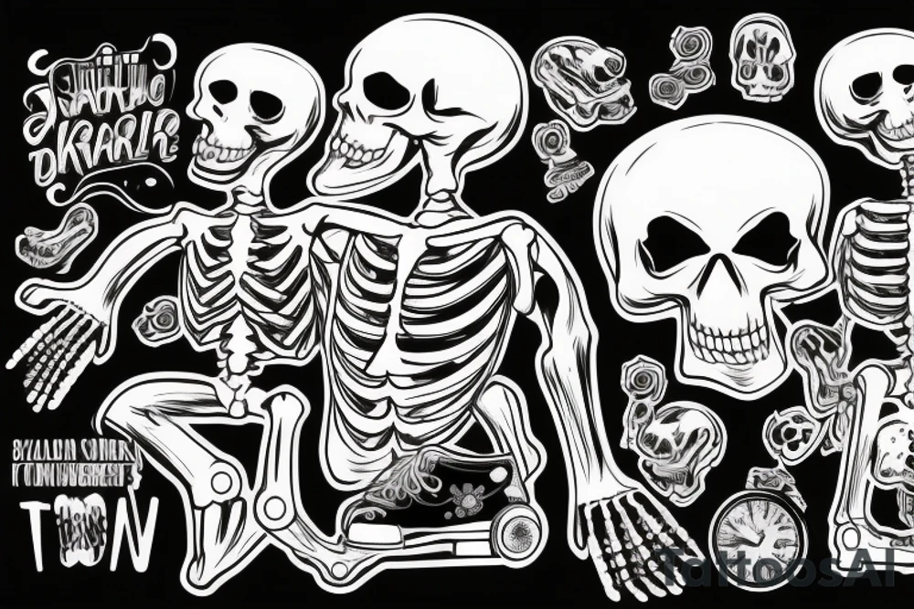 Male Skeleton helps another female skeleton in roller skates tattoo idea Male Skeleton helps another female skeleton in roller skates tattoo idea