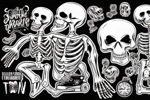 Male Skeleton helps another female skeleton in roller skates tattoo idea