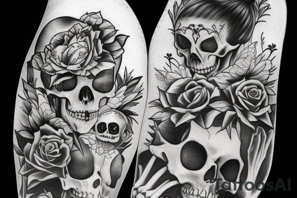 Male Skeleton helps another female skeleton in roller skates tattoo idea