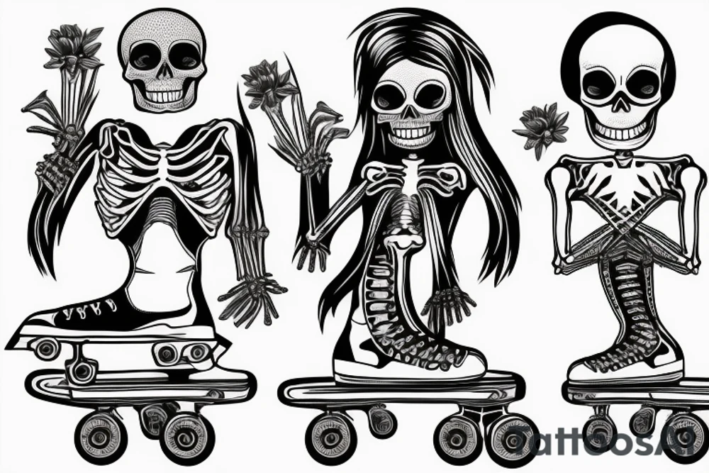 Male Skeleton helps another female skeleton in roller skates tattoo idea Male Skeleton helps another female skeleton in roller skates tattoo idea