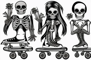 Male Skeleton helps another female skeleton in roller skates tattoo idea