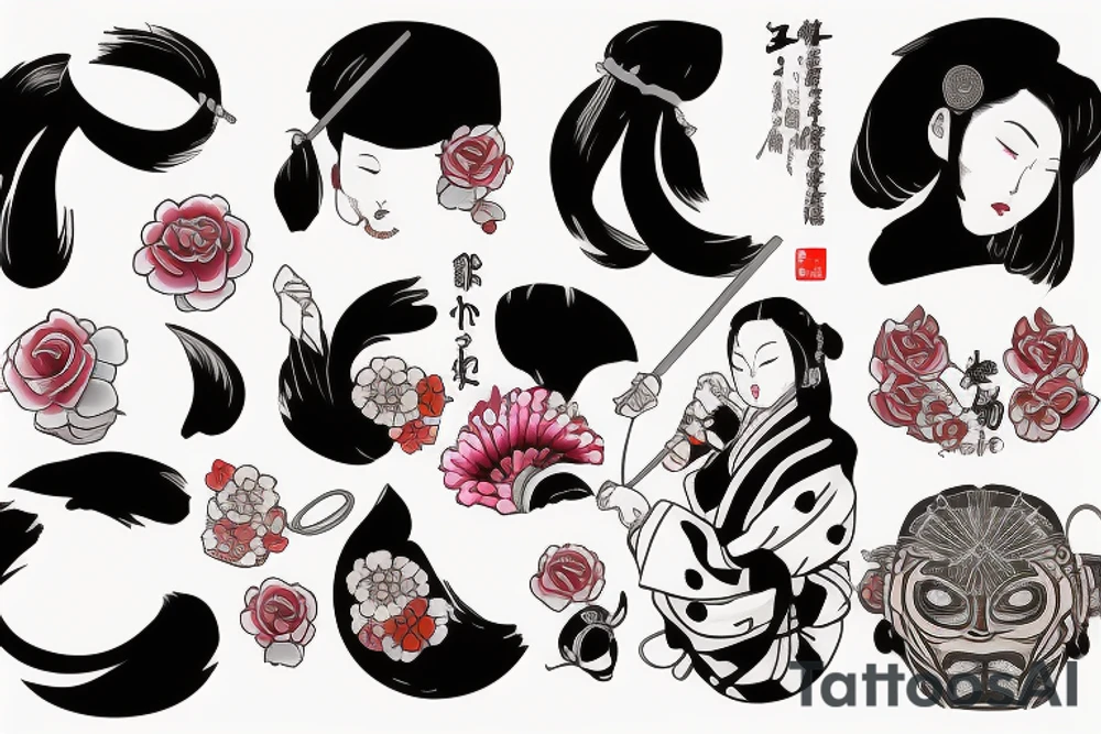 Japanese woman with an onimask on her face shattering a mirror with a semicolon it with a katana tattoo idea