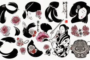 Japanese woman with an onimask on her face shattering a mirror with a semicolon it with a katana tattoo idea