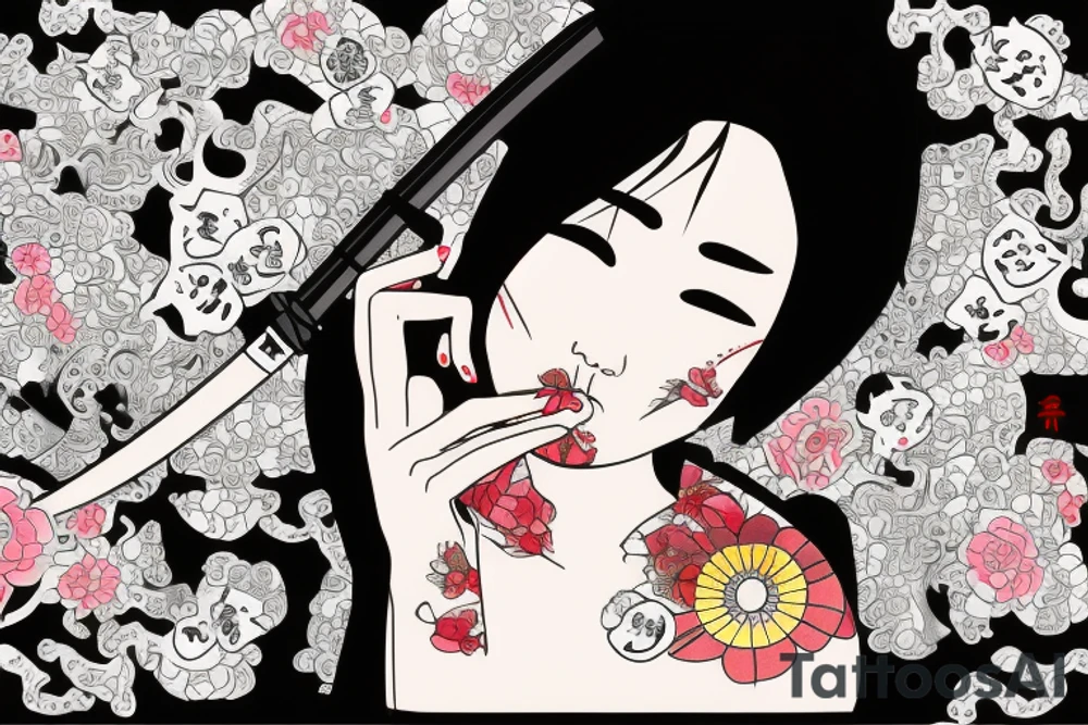 Japanese woman with an onimask on her face shattering a mirror with a semicolon it with a katana tattoo idea