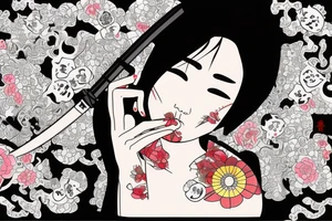 Japanese woman with an onimask on her face shattering a mirror with a semicolon it with a katana tattoo idea