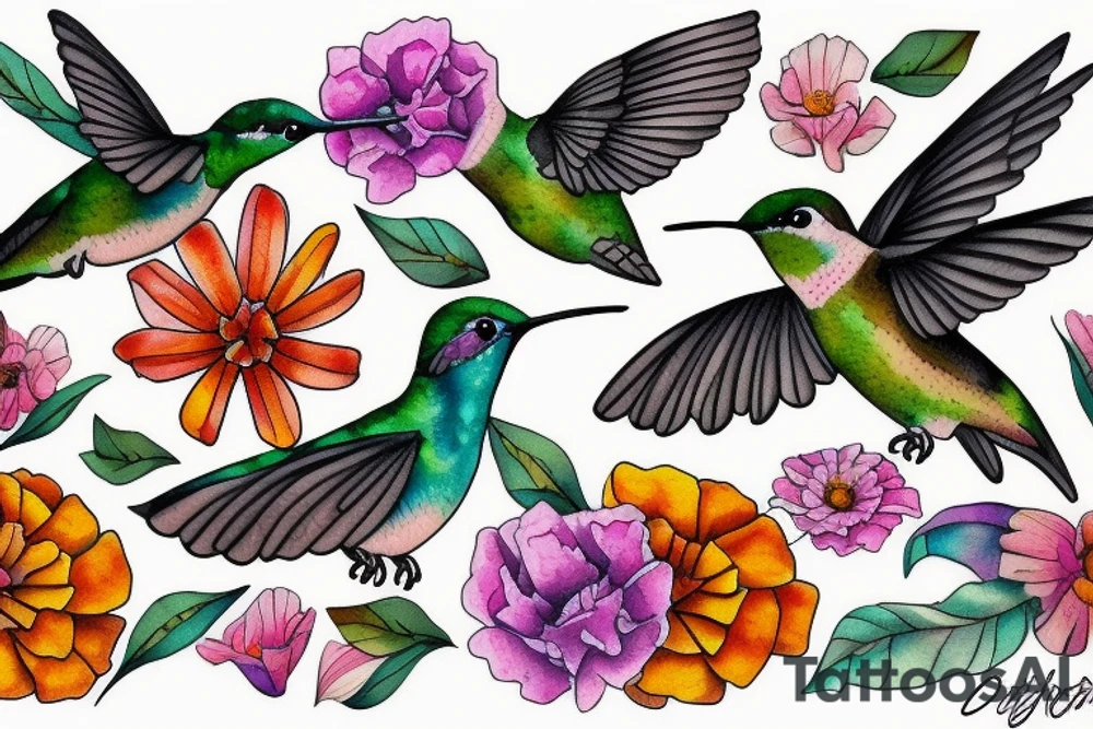 Hummingbird and marigold tattoo idea