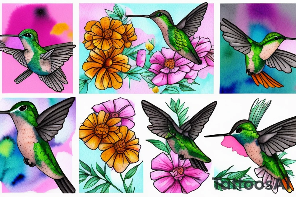 Hummingbird and marigold tattoo idea