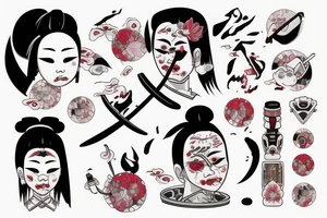 Japanese woman with an onimask on her face shattering a mirror with a semicolon on it with a katana tattoo idea