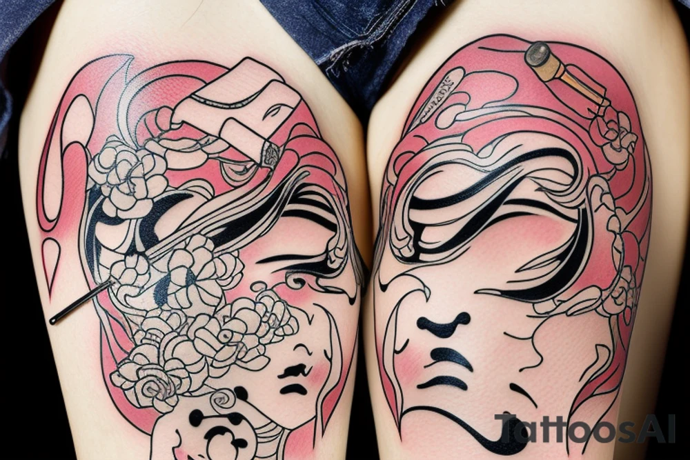 Japanese woman with an onimask on her face shattering a mirror with a semicolon on it with a katana tattoo idea