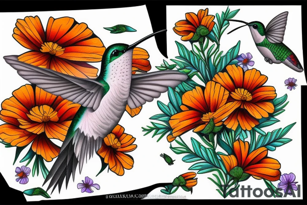 Hummingbird and marigold tattoo idea