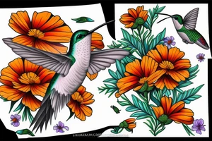 Hummingbird and marigold tattoo idea