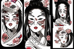 Japanese woman with a katana and an onimask on her face tattoo idea