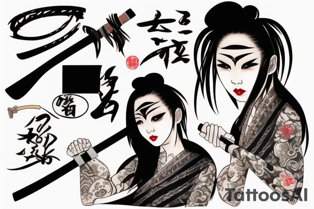 Japanese woman with a katana and an onimask on her face tattoo idea