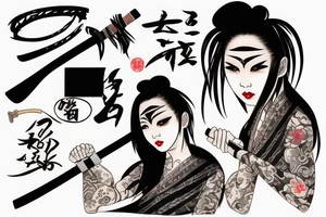 Japanese woman with a katana and an onimask on her face tattoo idea