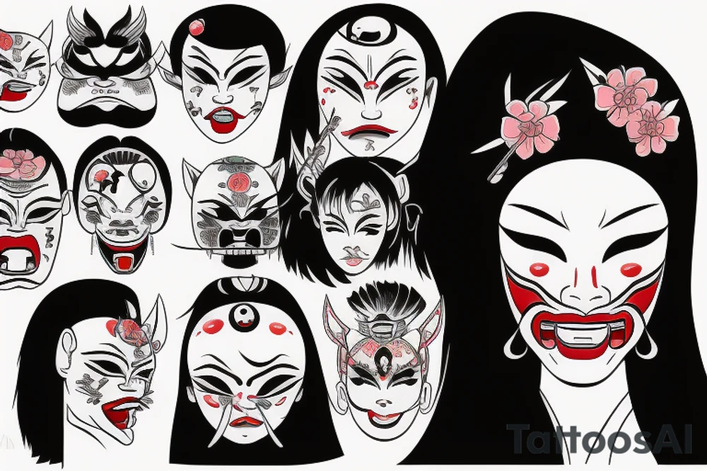 Japanese woman with an
 oni-mask on her face tattoo idea
